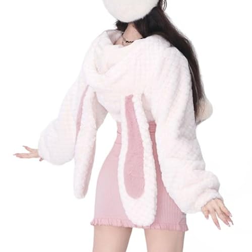 Vocha Damen Hoodie Hasen Ohren Cardigan Kuscheljacke Plüschjacke Kuschelpullover Sweatshirt Crop top - S - Weiß