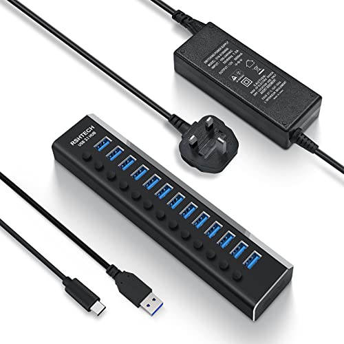 RSHTECH Powered USB Hub 72W 13 Ports USB 3.1/3.2 Gen 2 Hub (10Gbps) Aluminum USB Splitter with 12V/6A Power Supply, On/Off Switches and Type A & C Cable, RSH-A13 - 13-Port USB 3.1 hub