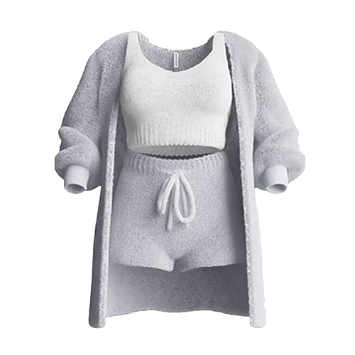 The Cozy Knit Set,Warm Hooded Cardigan Crop Top Shorts Set Pajamas Loungewear Cozy Knit Set 3-Piece - S - Gray