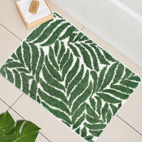 Homantic Dark Green Leaf Bathroom Rugs - Bath Mats for Bathroom Non Slip Machine Washable Carpet for Bathroom Decor Water Absorbent Bath Rugs for Sink Toilet Bathtub and Shower Leaves 50 x 80cm - Dark Green - 50 x 80 cm