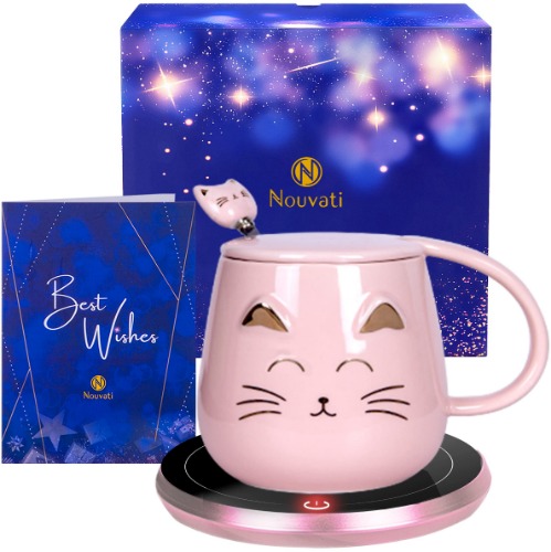 Nouvati Pink Mug Warmer & Cat Coffee Cup with Lid: Excellent Heating, Auto Shut-Off, 2 Heating Modes; Cat Gift for Cat Lover; Coffee Gift; Novelty Gift