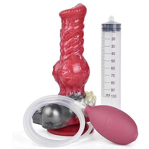BeHorny Squirting Dildo Sex Toy, Liquid Silicone Alien/Fido/Animal Dildo with Suction Cup, Pump & Syringe Included