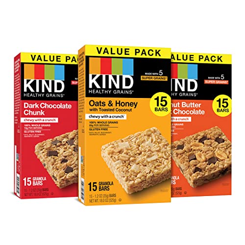 KIND Healthy Grains Bars, Variety Pack, Dark Chocolate Chunk, Oats & Honey, Peanut Butter Snacks, Gluten Free, 45 Count - Variety Pack - 1.2 Ounce (Pack of 45)