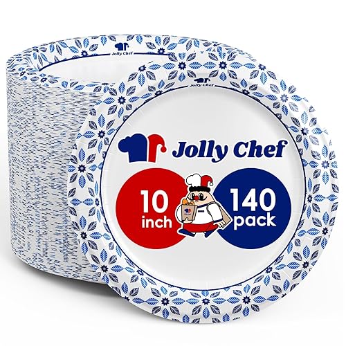 JOLLY CHEF 10 inch Disposable Paper Plates 140 Count, Soak Proof, Cut Proof, Heavy Duty Paper Plates for Everyday Use - 10 in-140 count