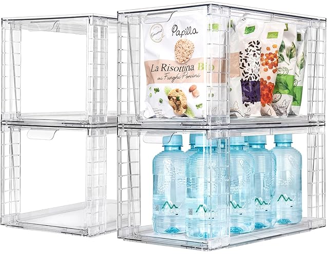 4Pack Large Stackable Kitchen Storage Drawers, Clear Foods Organizer Bins with Handles, Easily Assemble for Bathroom, Kitchen, Pantry, Cabinet, Closet(XL-UP Handle) - 4 - XL-Up Handle