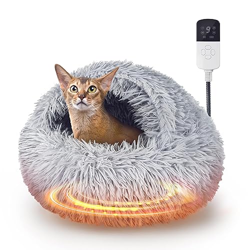 Courpal® Heated Cat Bed Indoor Covered for Kitten: 2-in-1 Small Hideaway Cat Cave Bed & Cute Cat Nest Bed - 9 Heating 4 Timing Round Hooded Cat Bed - Cozy Sleeping Soft Plush in Winter - Up to 10 Lbs