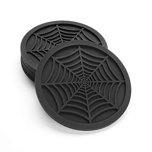 Silicone Coasters For Drinks - 6 Pack Unique Design Spider Drink Coasters, 4" Black Coaster Set by COASTERFIELD