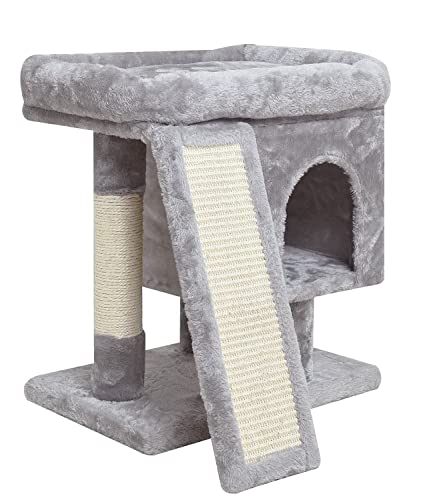 SYANDLVY Small Cat Tree for Indoor Cats, Cat Tower with Scratching Post, Modern Activity House for Large Cats, Condo with Board, Kittens Cave (Light Grey) - Light Grey