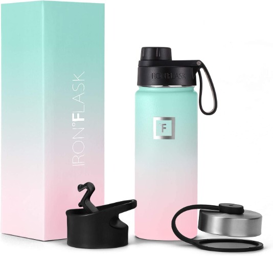 IRON °FLASK Sports Water Bottle - 18 Oz, 3 Lids (Spout Lid), Leak Proof, Vacuum Insulated Stainless Steel, Double Walled, Thermo Mug, Metal Canteen - 18 Oz Bubble Gum