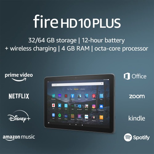 Amazon Fire HD 10 Plus tablet, 10.1", 1080p Full HD, 64 GB, latest model (2021 release), Slate - 64 GB Lockscreen Ad-Supported Slate Fire HD 10 Plus
