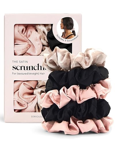 Kitsch Pro Satin Scrunchies, weicher als Seide, Haargummis zur Frizz Prävention, Satin Haargummis zur Bruchprävention und sanfte Stilerhaltung, Schlaf und Nacht Scrunchie, 5 Stück, sortiert - Blush & Black