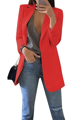 OMZIN Damen Elegant Langarm Blazer Sakko Einfarbig Revers Geschäft Büro Jacke Kurz Mantel Anzüge Bolero mit Tasche - XL - Rot
