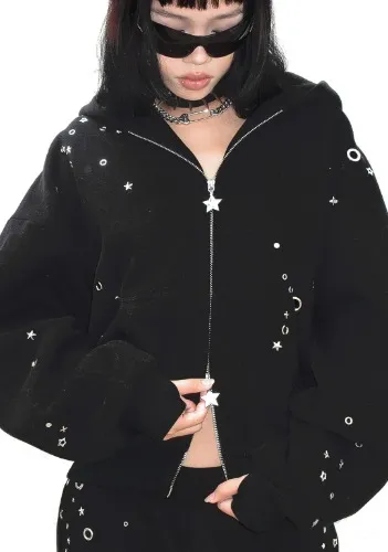 GLITCH EYELET ZIP HOODIE BLACK | L/XL