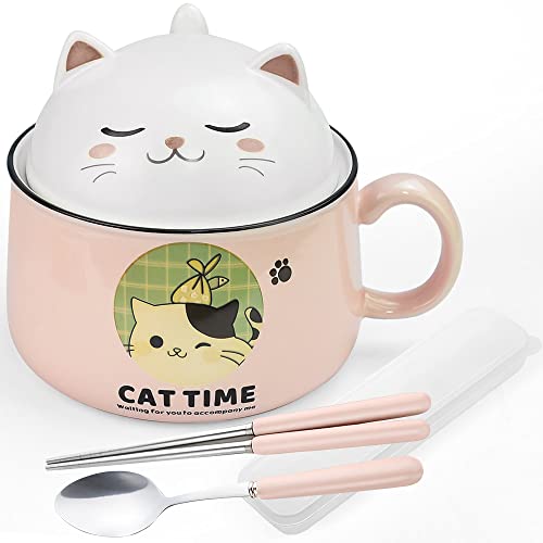 THATSRAD Ramen Schüssel mit Deckel Müslischalen Katze Salatschalen 1020ml Nudelschale Keramik Schüssel Nudeln Instant Pastaschüsseln Katze Suppenschale mit Henkel Essstäbchen/Löffel für Nudeln Suppe - Rosa