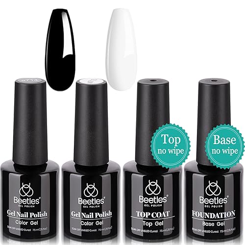 Beetles Gel Nail Polish Set- 4Pcs 7.5ml Black White Gel Nail Polish with No Wipe Top Coat and Base Coat Set Soak Off UV LED Nail Gel Manicure Gel Nail Polish Gift for Women - 4 Pcs Black White with Base Top Coat