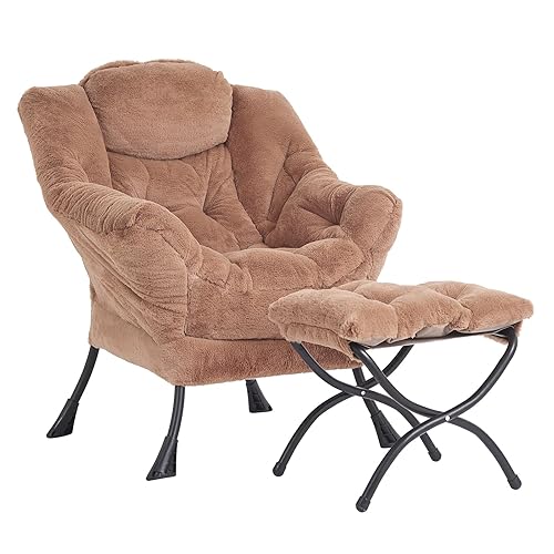 LITA Lazy Chair with Ottoman, Modern Accent Leisure Upholstered Sofa Chair, Lounge Reading Chair with Armrests and a Side Pocket for Living Room, Bedroom & Small Space, Plush Brown - Plush Brown