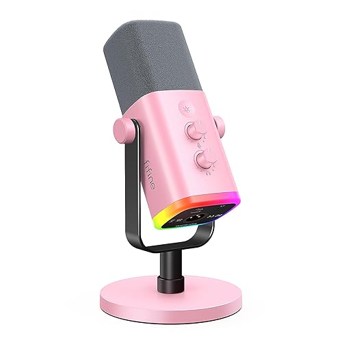 FIFINE XLR/USB Microphone, Gaming Recording PC Mic with Headphones Jack, Mute Button, Dynamic RGB Mic for Computer, Streaming Mic for Podcasting Voice-Over YouTube Video-AmpliGame AM8 Pink - Pink