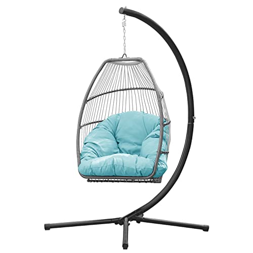 Hanging Swing Chair Egg Chair Hammock Chair Basket Chair UV Resistant Cushion with Stand for Indoor Bedroom Outdoor Garden Backyard,Blue - Black and Tan