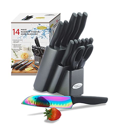 Knife Set with Block, Marco Almond 14 Piece Rainbow Titanium Knife Block Set, KYA25 Cooking Steak Knives set with Black Handle, Chef Knife Sets for Kitchen with Block - G-Rainbow Blade/Black Hand Block - 14-Piece