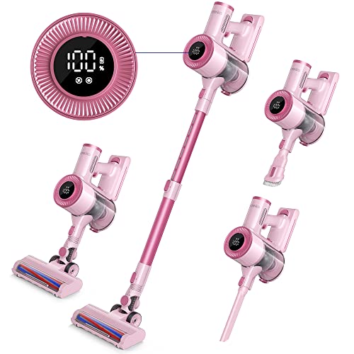 Homeika Cordless Stick Vacuum Cleaner, 20Kpa Powerful Suction Vacuum Cleaner with LED Display, 30 Min Runtime Detachable Battery, 1.5L Dust Cup, for Carpet and Hard Floor Pet Hair (Pink) - H016-pink