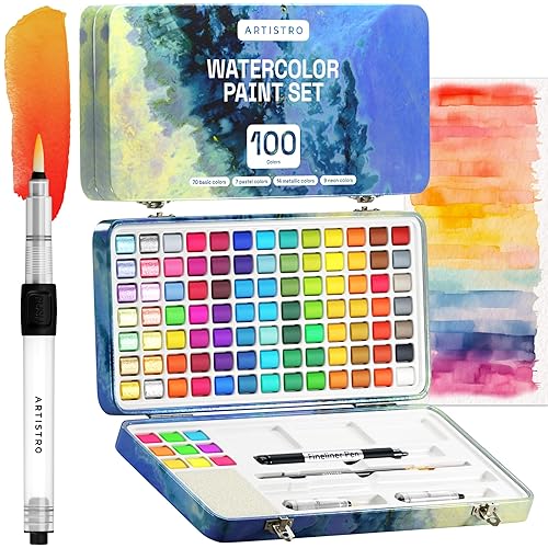 ARTISTRO Watercolor Paint Set, 100 Vivid Colors in Portable Box, Painting Kit Including Metallic, Fluorescent, Pastel Colors. Perfect Travel Watercolor Set for Artsits, Amateur, Hobbyists - Paint Set 100