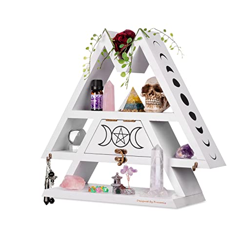 Pracaniz Crystal Shelf Display with Flap Drawer&Hooks for Wall&Desktop, White Moon Shelf for Crystal Holder as Witchy Room Decor,Jewelry Holder Triangle Shelf,Witchy Decor for Witchy Gifts - White