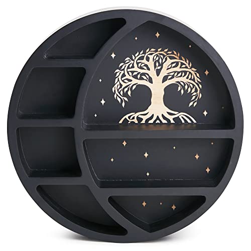 HOP SKIP Crescent Moon Shelf for Crystals and Essential Oils - 2.75” x 15.55” x15.55” – Wooden Wall Mounted Half Moon Decorative Display Crystal Shelf - Nursery and Home Décor - Tree of Life - Black
