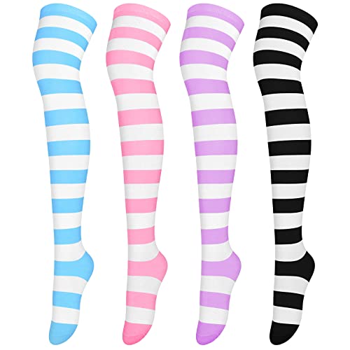 Aneco 4 Pairs Over Knee High Stripe Socks Stripe Thigh High Socks Cosplay Accessories for Woman Girls - One Size - Mixed Colors B