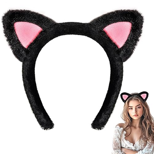 Cat Ears Headband, Plush Black Cat Ears Headband Cat Costume for Women, Cat Costume Accessories for Women Adult Halloween Cosplay Washing Face Makeup Headband