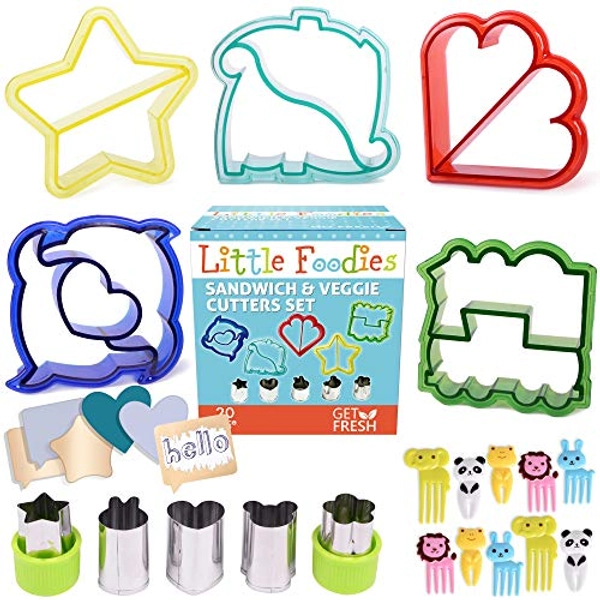 GET Fresh Sandwich Cutters for Kids – [20-pcs] Set with 5 Sandwich Shapes/Cookie Cutters/Bread Cutters – Comes with 5 Vegetable Cutters and Bonus 10 Bento Decorations and 10 Scratch-Off Cards