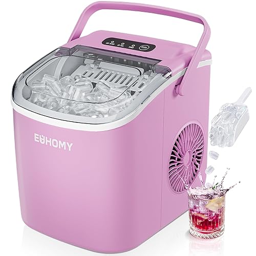 EUHOMY Countertop Ice Maker Machine with Handle, 26lbs Per Day, 9 Ice Cubes Ready in 6 Mins, Auto-Cleaning Portable Ice Maker with Basket and Scoop, for Home/Kitchen/Camping/RV (Pink) - ICE MACHINE - 11.57"D x 11.42"W x 8.74"H - Pink