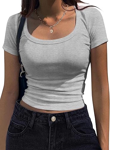 Zeagoo Women's Short Sleeve T Shirts Casual Summer Basic Scoop Neck Slim Fit Rib Knit Business Work Tee Tops - Light Grey - Small
