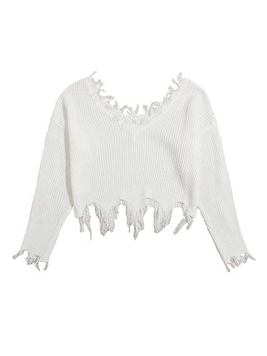 Verdusa Women's Ripped Scoop Neck Long Sleeve Frayed Knitted Pullover Crop Top Sweaters - Large - White