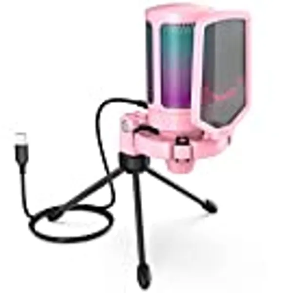 USB Gaming PC Microphone for Streaming Podcasts, AmpliGame RGB Computer Condenser Desktop Mic, Cardioid Pickup Pattern for YouTube Video, Play and Play on PS4 PS5, with Quick Mute, Mic Gain-Pink
