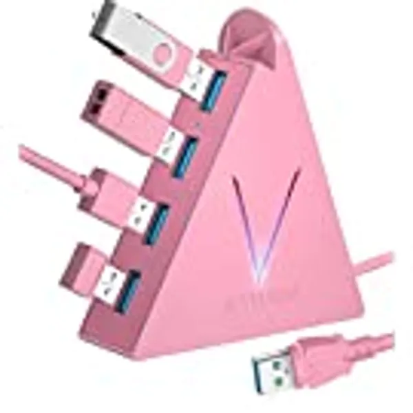 JoyReken 4-Port USB 3.0 Hub, FlyingVHUB Vertical Data USB Hub with 2 ft Extended Cable, for Mac, PC, Xbox One, PS4, PS5, iMac, Surface Pro, XPS, Laptop, Desktop, Flash Drive, Mobile HDD(Pink)