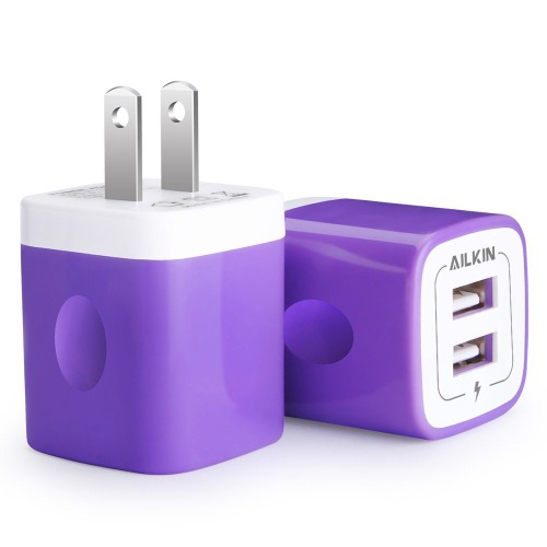 2Pcs USB Wall Charger, AILKIN USB Plug Home Travel Power AC Adapter Charging Block for iPhone, Google Pixel, Samsung Galaxy, HTC, LG, Motorola Cell Phone Quick Charge Base USB-A Adaptive HandSet Cube - Purple