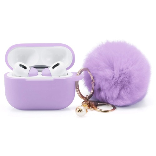 Protective Case Cover for Airpods Pro Charging Case with Ear Tips 1 Pair Kit, Air Pods Silicone Case with Soft Cute Fur Ball Pom Pom Keychain Kit Together with Ear Buds Tips 2&1 (X, Lavender Purple) - X Lavender Purple