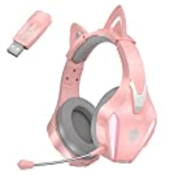 PHOINIKAS Wireless Gaming Headset for PS4 PS5 PC Nintendo Switch, 5.8G Wireless Over Ear Gamer Headphones with Detachable Mic, 3.5mm Wired Gaming Headset for Xbox One/Phone, 7.1 Stereo Sound - Pink