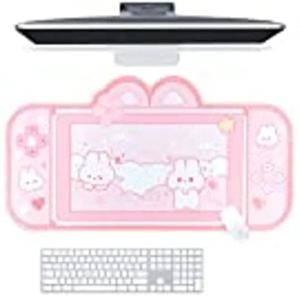 BelugaDesign Bunny Desk Pad | NS Switch Keyboard Gaming Mat Large Mat Mousepad | Pastel Pink Animal Kawaii Cute Anime Desk Blotter Protector (Pink Rabbit, Large)