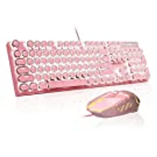 Typewriter Mechanical Gaming Keyboard and Mouse Combo, Retro Punk Round Keycaps White LED Backlit USB Wired Computer Keyboard for Game and Office, for Windows Laptop PC, Red Switches(Pink)