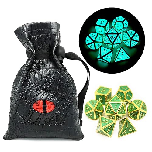 Haxtec Glow in The Dark Glowing Blue Metal Dice Set D&D W/Dragon Dice Bag 7PCS DND Dice Set for Dungeons and Dragons RPG Games-Gold Glowing Blue-V2 - Gold Blue Green
