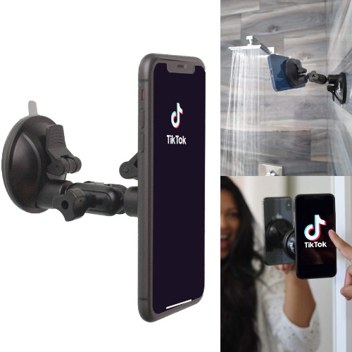hula+ Shower/Mirror Phone Holder/Mount/Stand. Reusable Non-Residue Mount for Bathroom/Kitchen/Wall. Compatible with All Phones, Great Gift for TikTok/YouTube/Make Up… (Black) - 