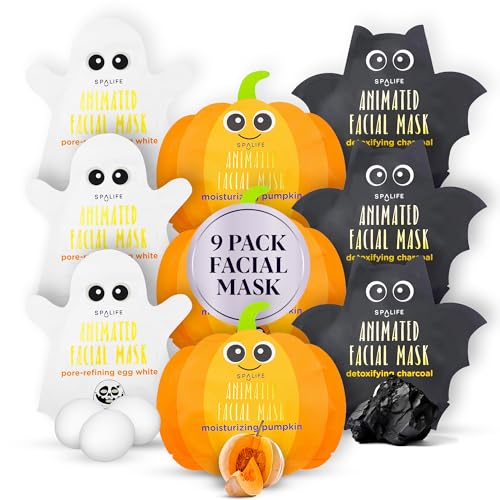SpaLife Facial Mask Sheet Bundle - Pumpkin, Ghost, Bat - Halloween Character Mask Bundle - Face Masks for Skin Care - Moisturizing Sheet Face Masks - Skincare Pack for Women - Spa Beauty Masks - Ghost, Bat, Pumpkin