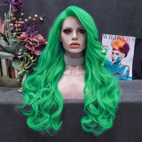 IMSTYLE Green Lace Front Synthetic Wig Heat Resistant Natural Long Wavy Soft Green Lace Front Hair Wig for Cosplay Party Drag Queen
