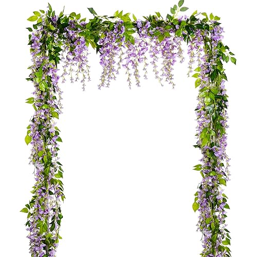 Lvydec Wisteria Artificial Flowers Garland, 4 Pcs Total 28.8ft Artificial Wisteria Vine Silk Hanging Flower for Home Garden Outdoor Ceremony Wedding Arch Floral Decor (Light Purple) - Light Purple