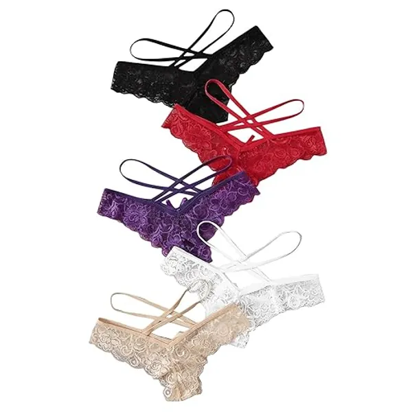 5Pcs Briefs for Women's Sexy Lingerie Lace Open Thong Panties G-Pants Lingerie Underwear Mid-Waist Underpants - Small - 2#multicolor