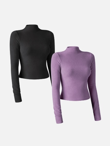 Thermal Brushed Mock Neck Crop Top 2Pcs Set - Black/Lilac / S