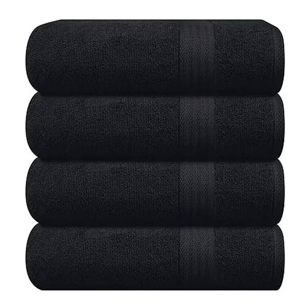 GLAMBURG Premium Cotton 4 Pack Bath Towel Set - 100% Pure Cotton - 4 Bath Towels 27x54 - Ideal for Everyday use - Ultra Soft & Highly Absorbent - Black - 4 Pack Bath Towels - Black