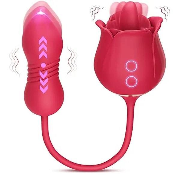 Sex Toys Rose Vibrator Dildo - MOOLIGIRL 4IN1 Adult Sex Toys for Women with 9 Tongue Licking & Thrusting Dildos G Spot Vibrators, Anal Sex Toy Clit Nipple Stimulator Licker for Female Men Couples - A-Red