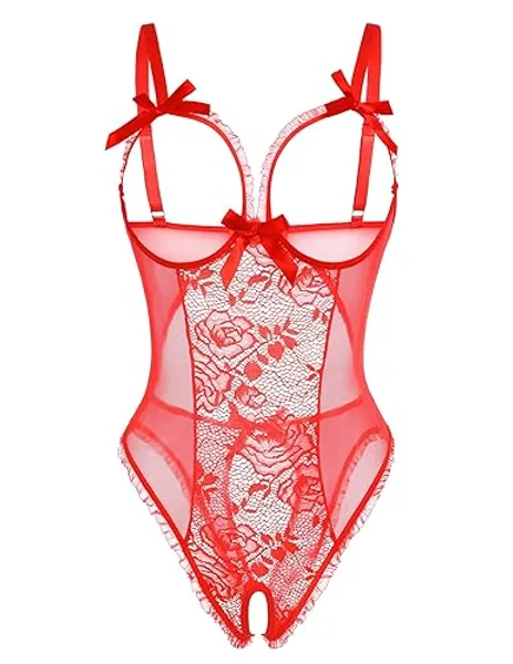 Avidlove Women One Piece Lingerie Sexy Lace Babydoll Mini Bodysuit - X-Large - Red#